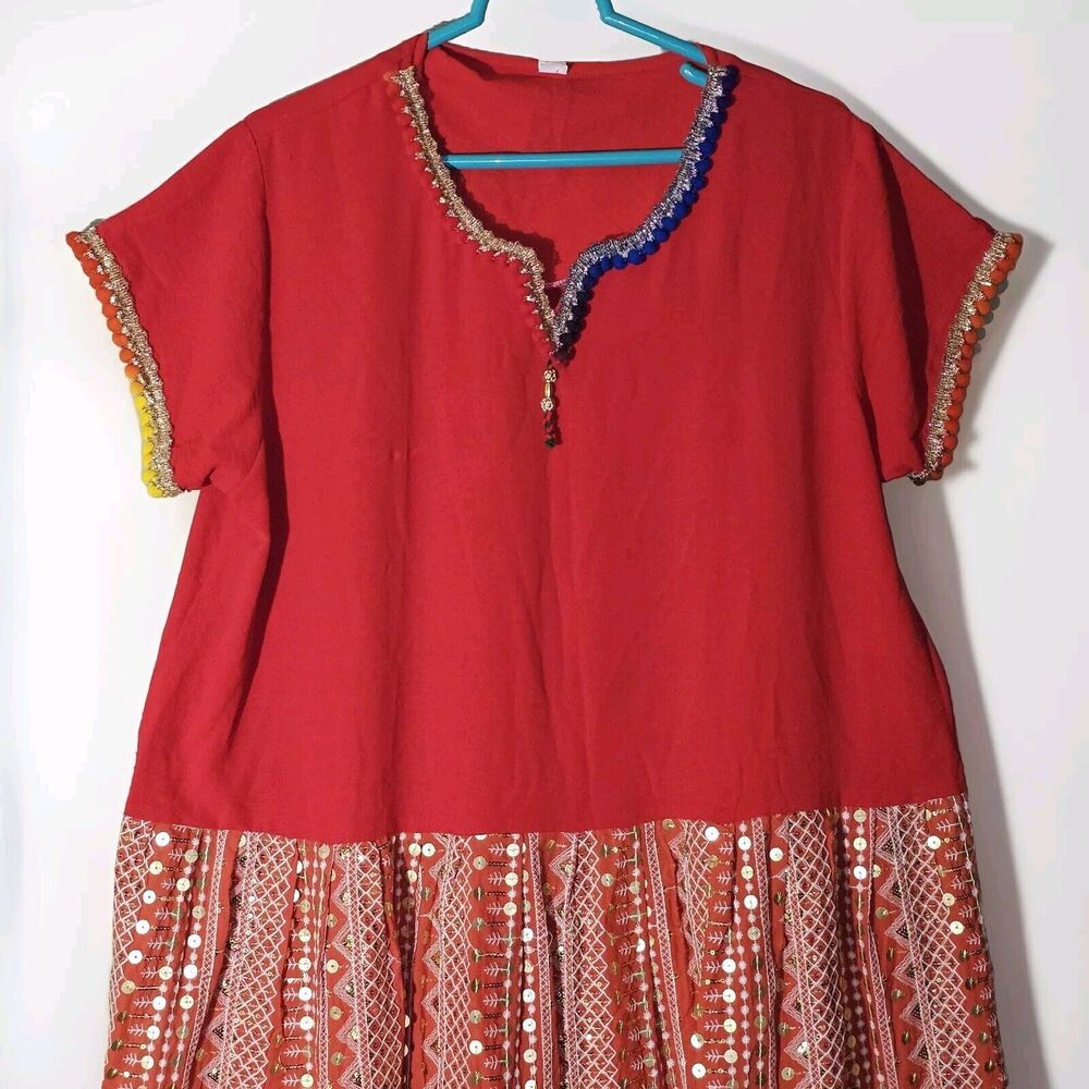 Red Gold Sequin Kurta Midi Dress Women Size M/L Bohemian Glam Worldly